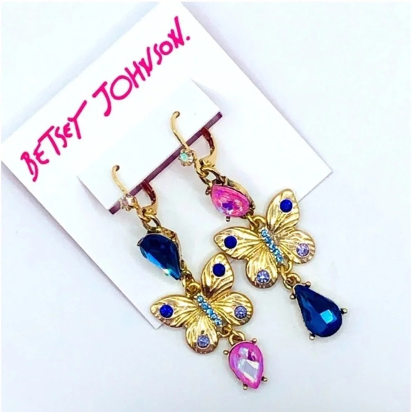BETSEY JOHNSON Mismatched Butterfly Crystal-Studded Gold-Tone Drop Earrings NWT - Picture 1 of 2